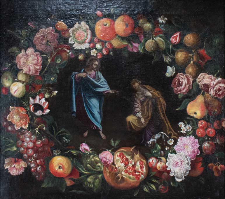 Superb large Louis XIV painting from the 17th century with floral wreath 35½" x 39¾"