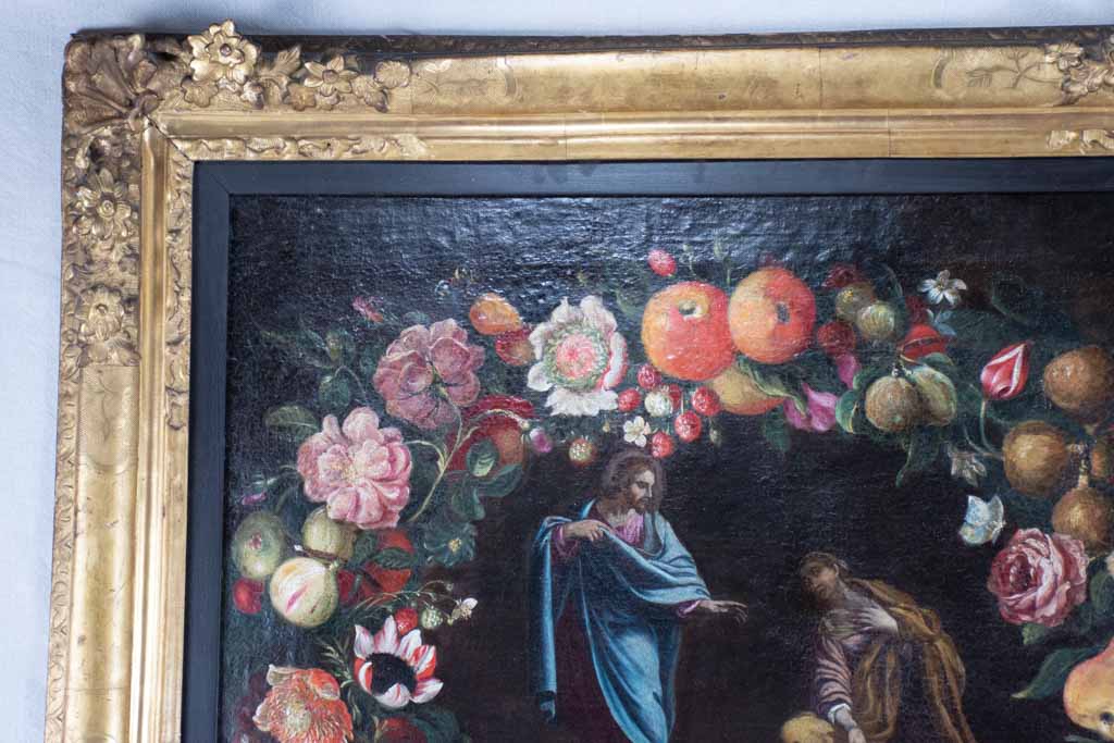 Superb large Louis XIV painting from the 17th century with floral wreath 35½" x 39¾"