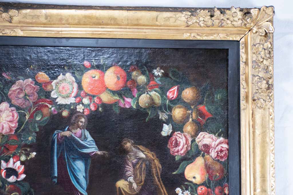 Superb large Louis XIV painting from the 17th century with floral wreath 35½" x 39¾"