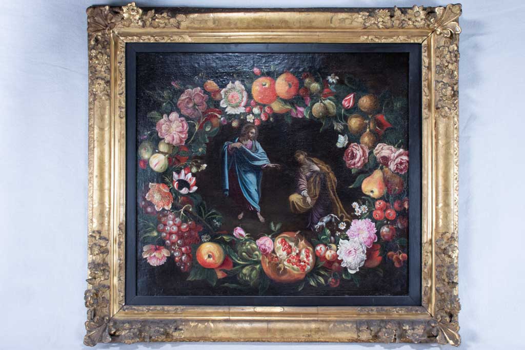 Superb large Louis XIV painting from the 17th century with floral wreath 35½" x 39¾"