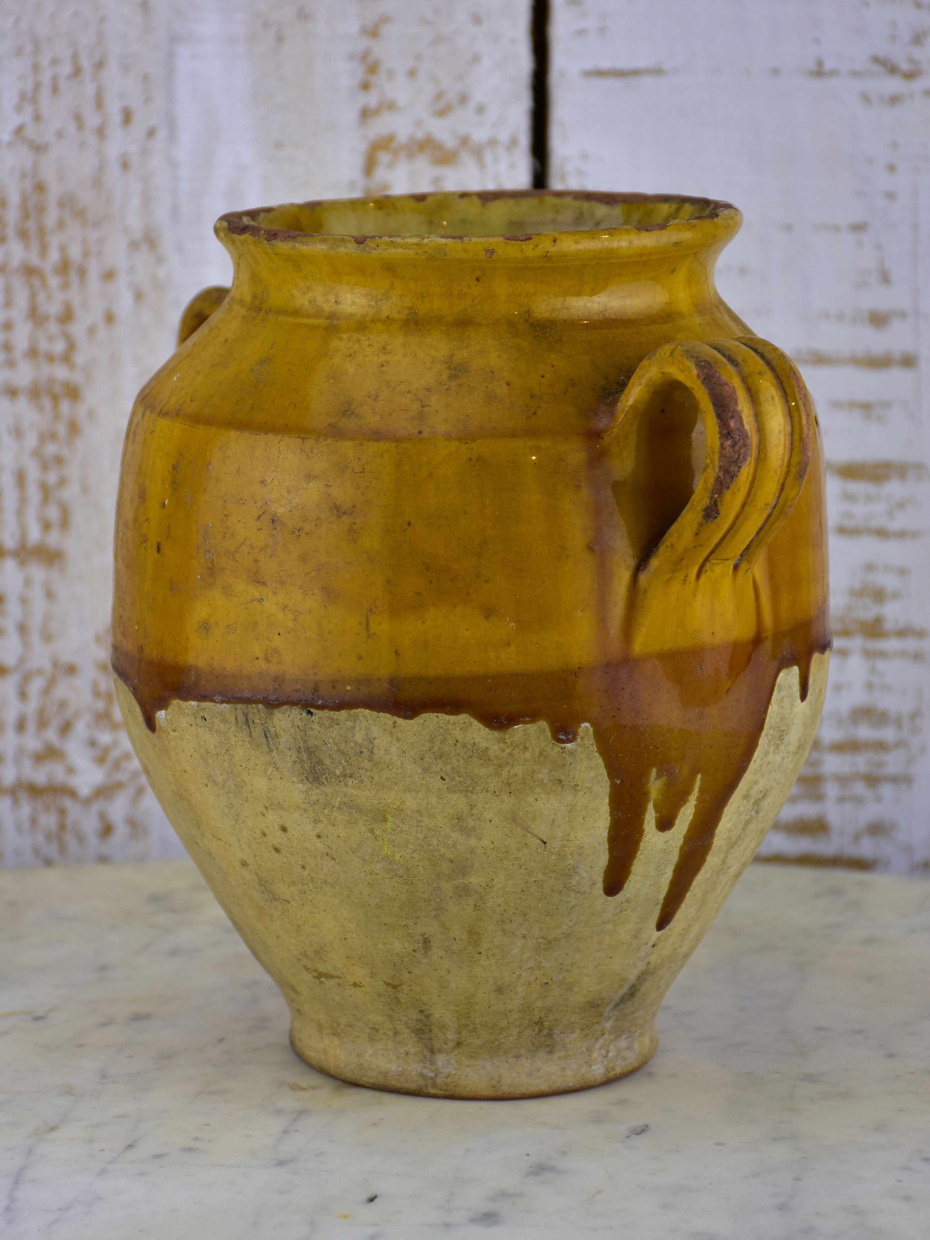 19th century French confit pot with yellow glaze