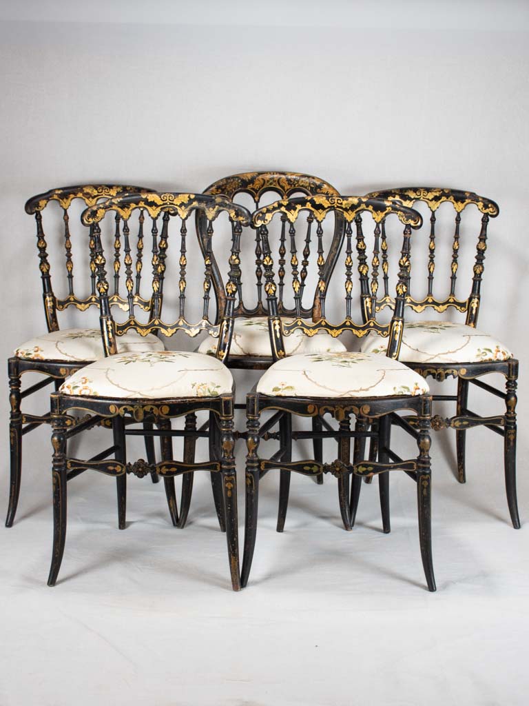 5 Napoleon III chairs - black lacquer with gold décor