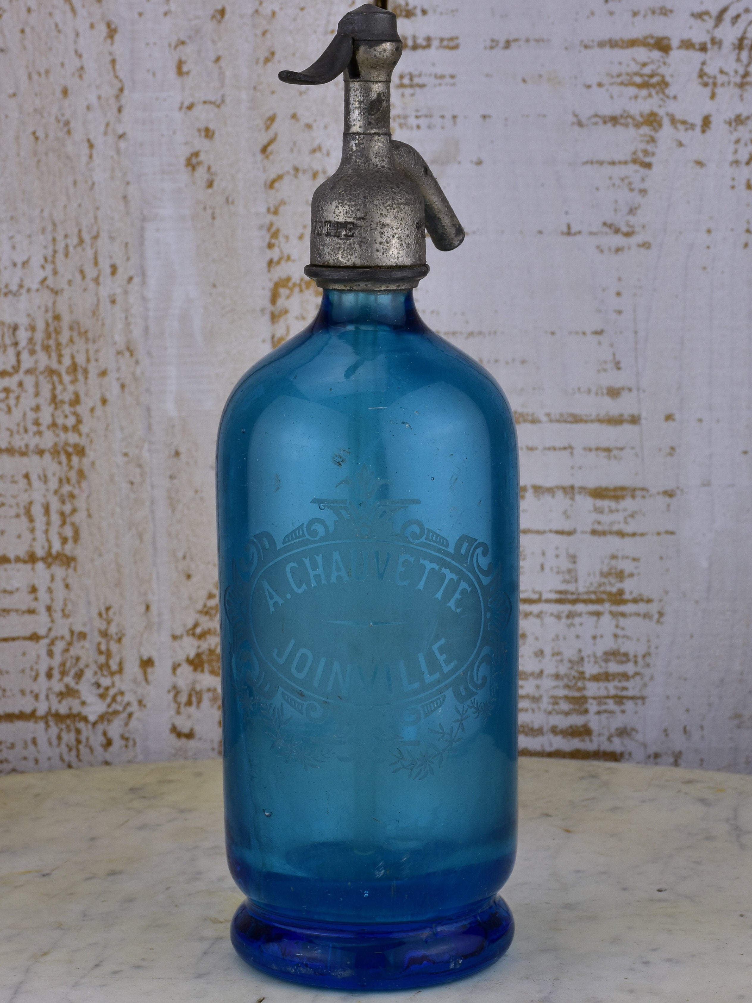 Blue A. Chauvette antique French Seltzer bottle