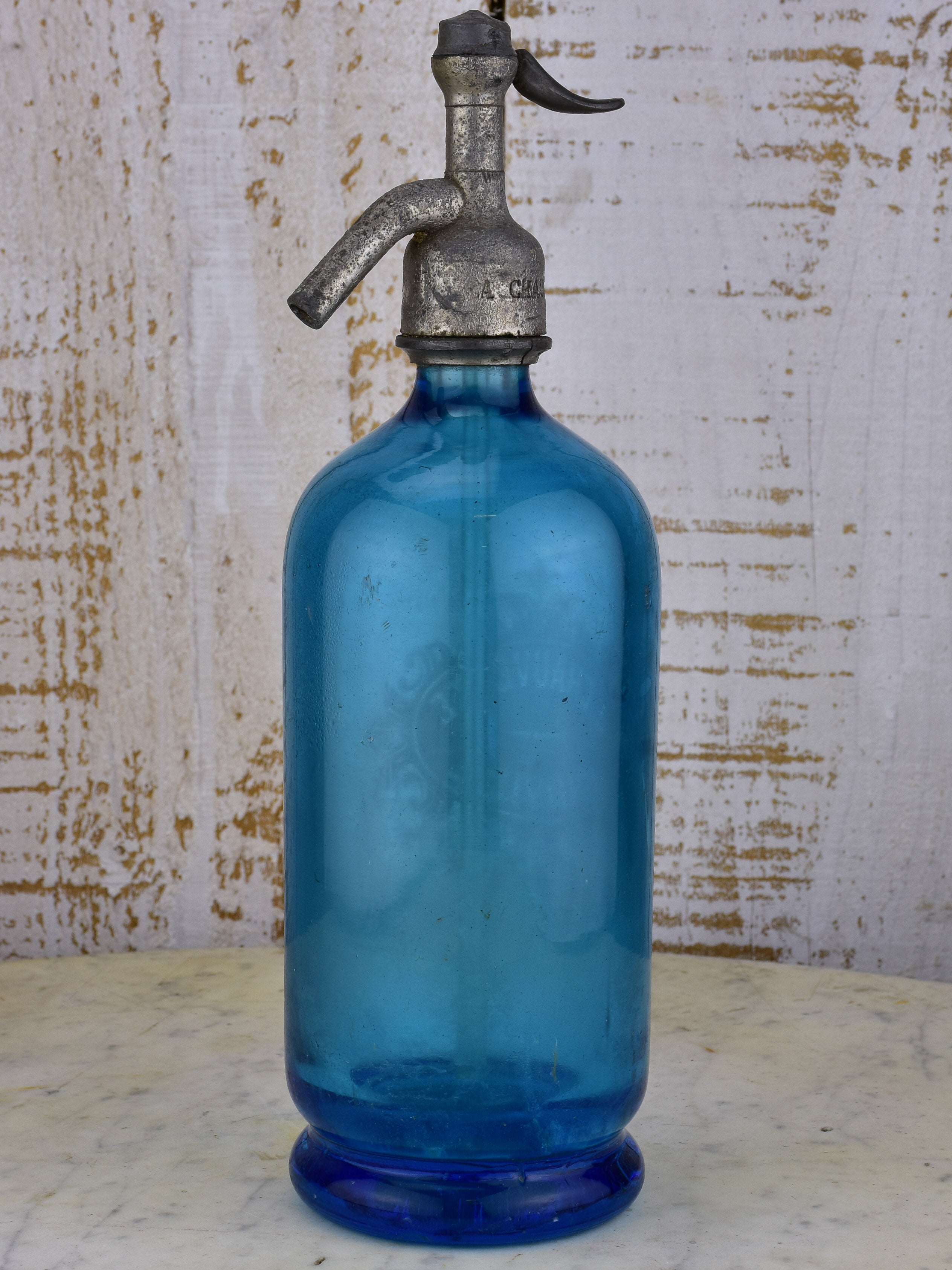 Blue A. Chauvette antique French Seltzer bottle