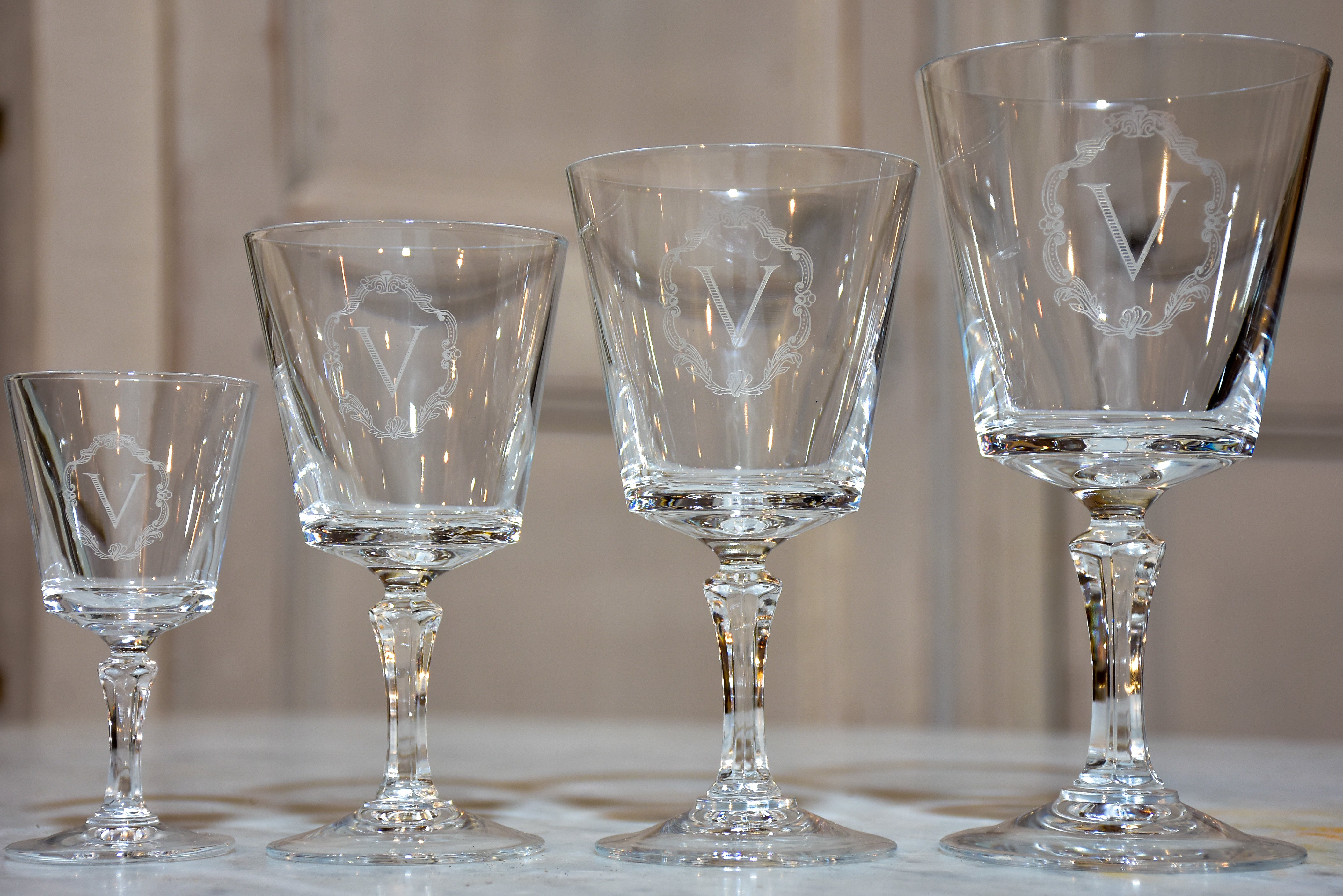 Vintage French crystal stemware collection with ‘V’ monogram