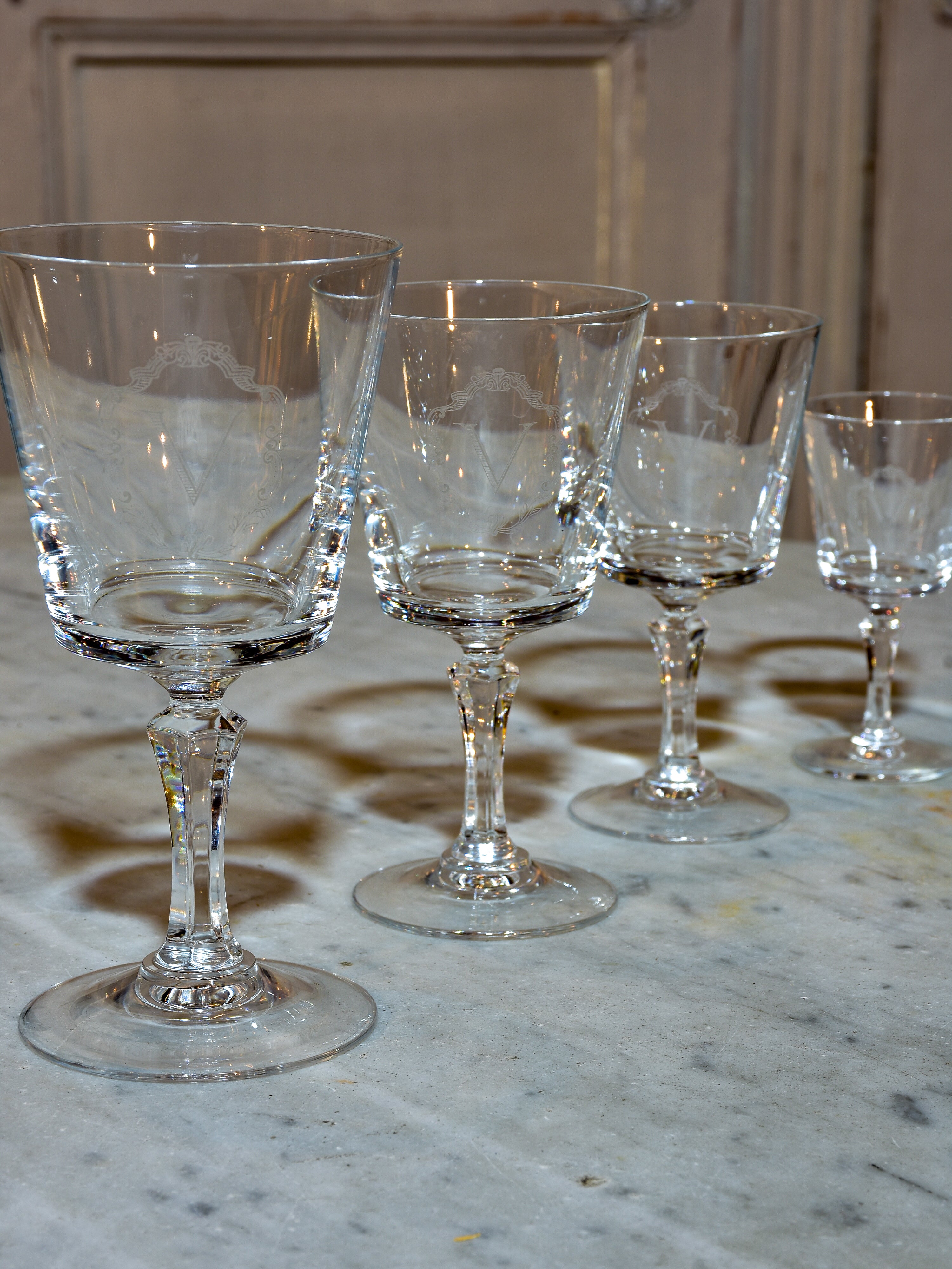 Vintage French crystal stemware collection with ‘V’ monogram