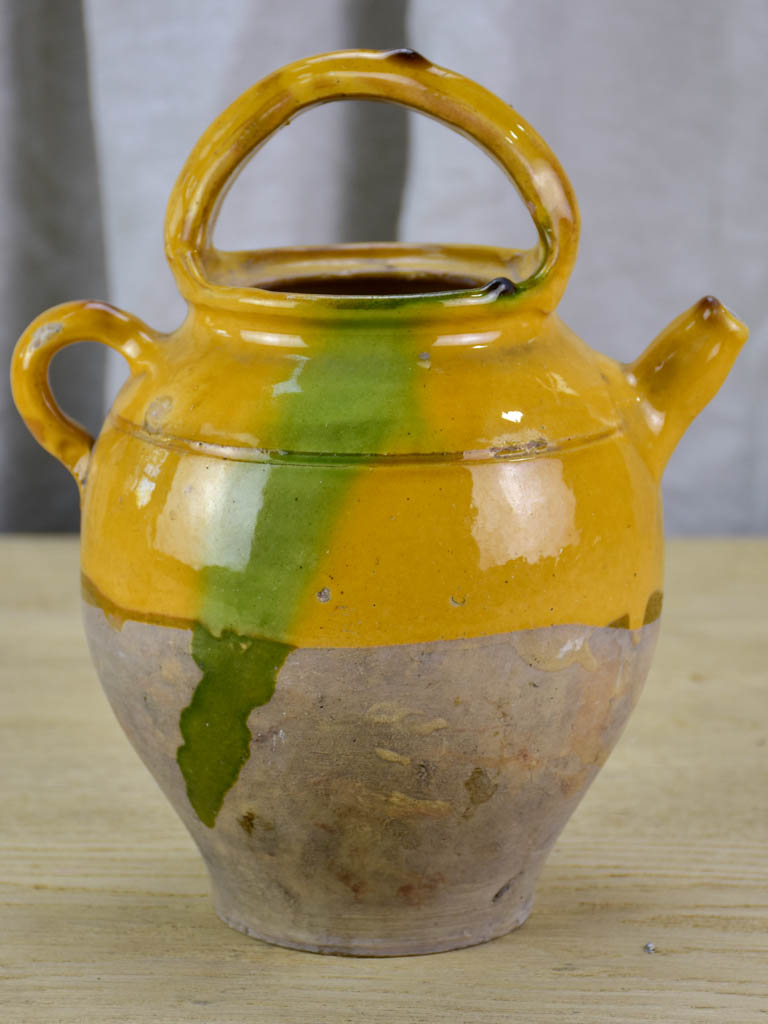 19th Century French water pitcher with yellow and green glaze 10¾"