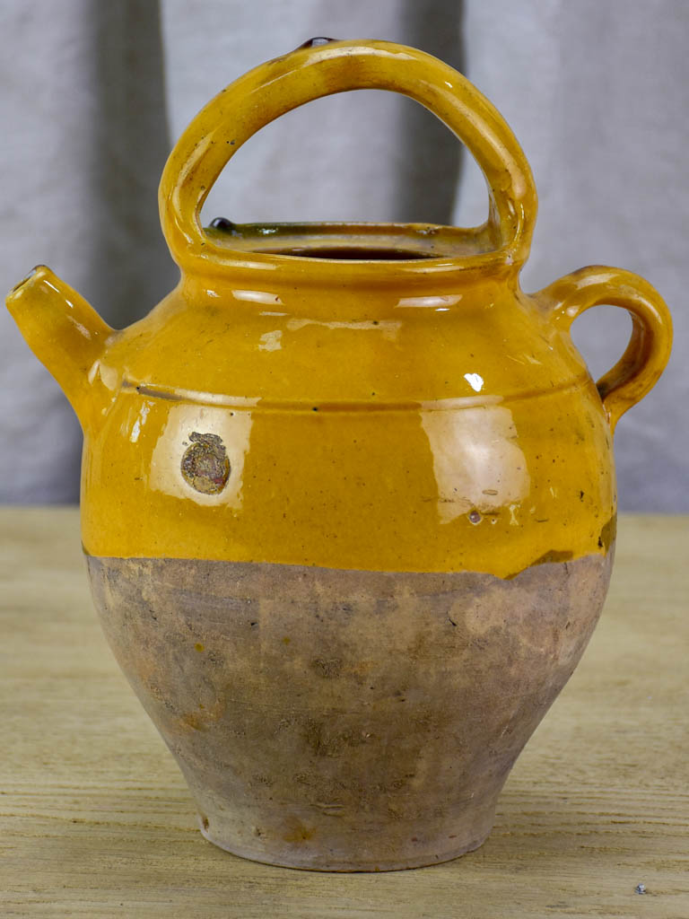 19th Century French water pitcher with yellow and green glaze 10¾"