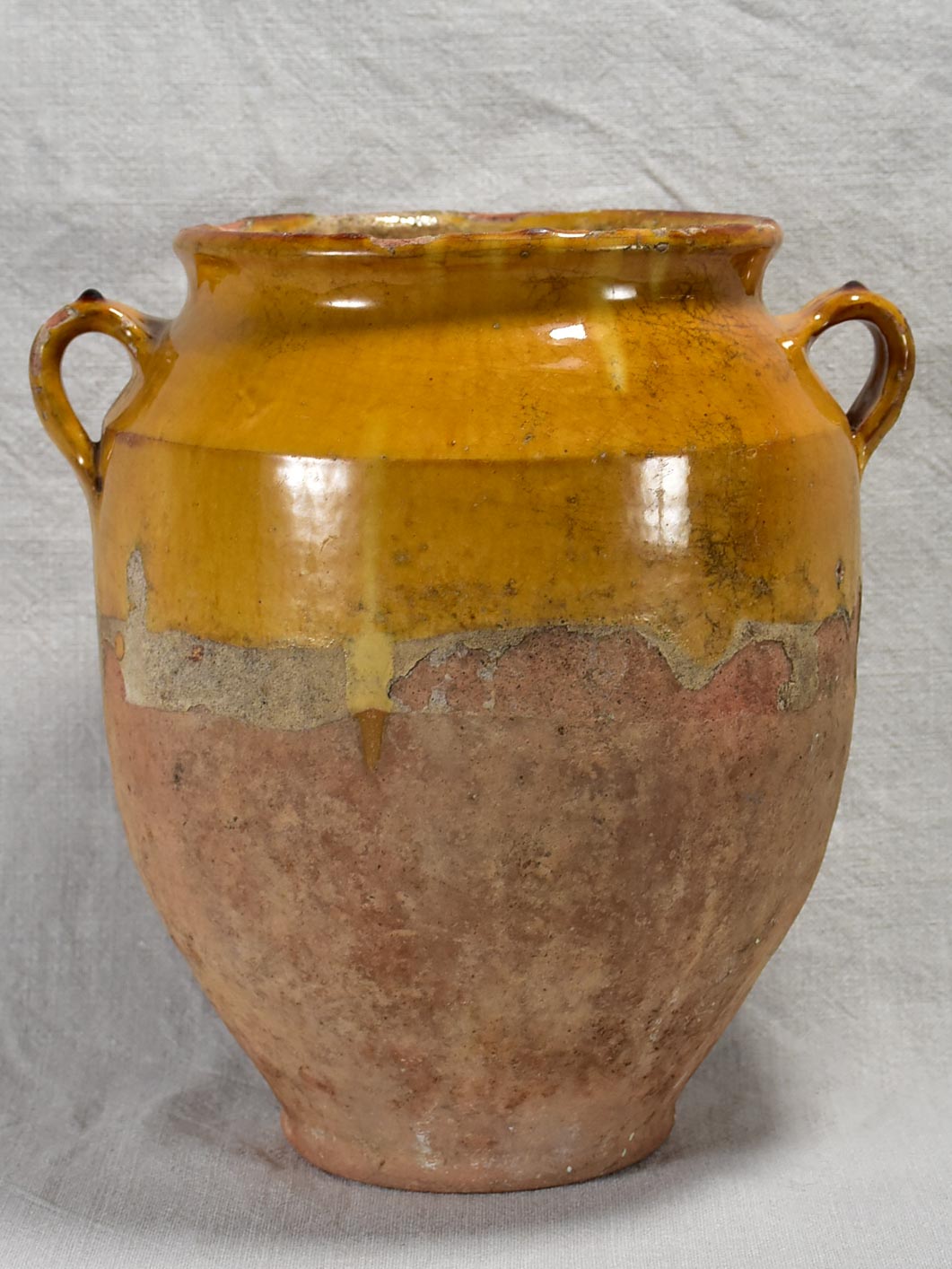 Antique French confit pot with yellow / orange glaze 11¾"