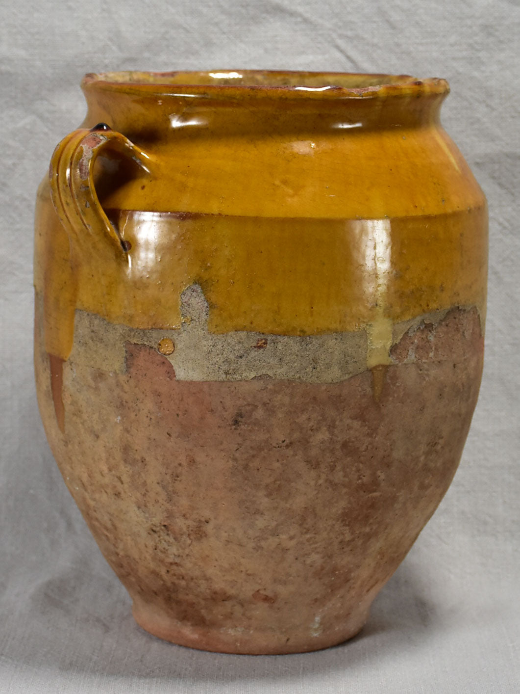 Antique French confit pot with yellow / orange glaze 11¾"