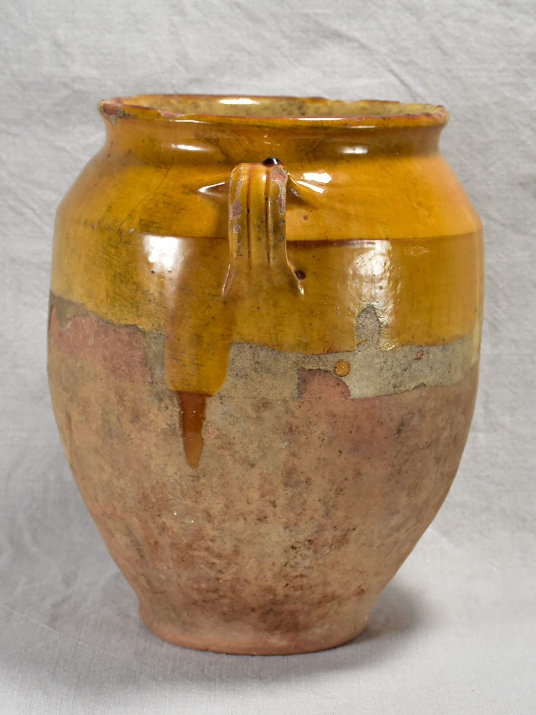 Antique French confit pot with yellow / orange glaze 11¾"