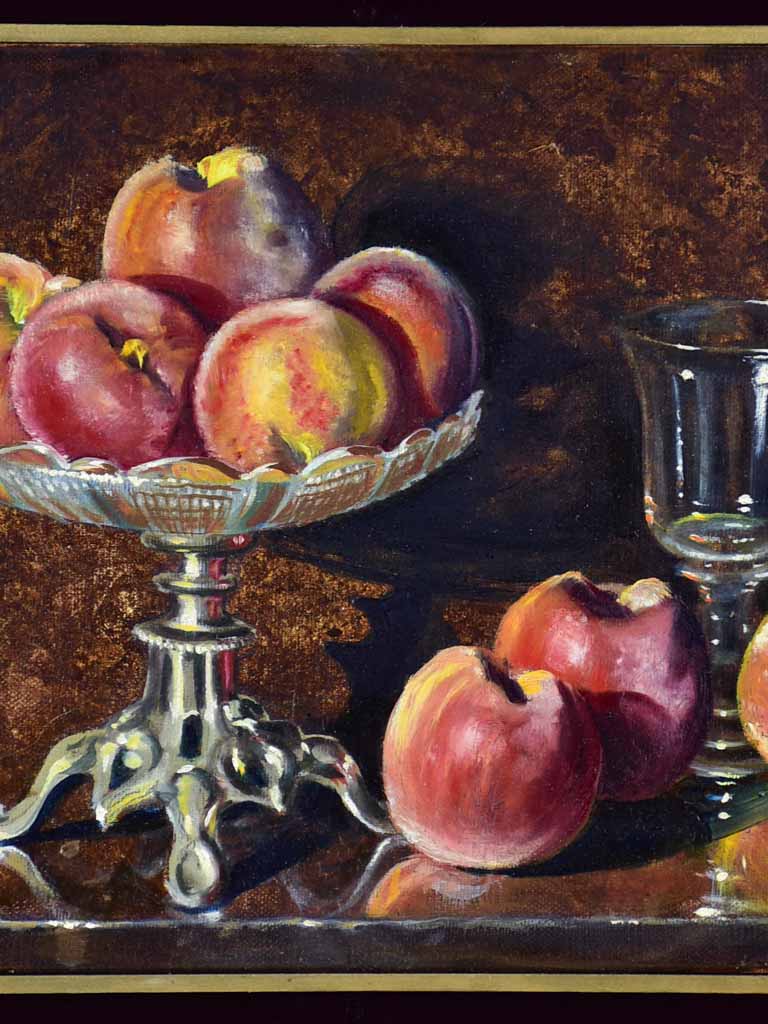 Vintage still life painting of peaches in a bowl, Les pêches 14½ x 18""