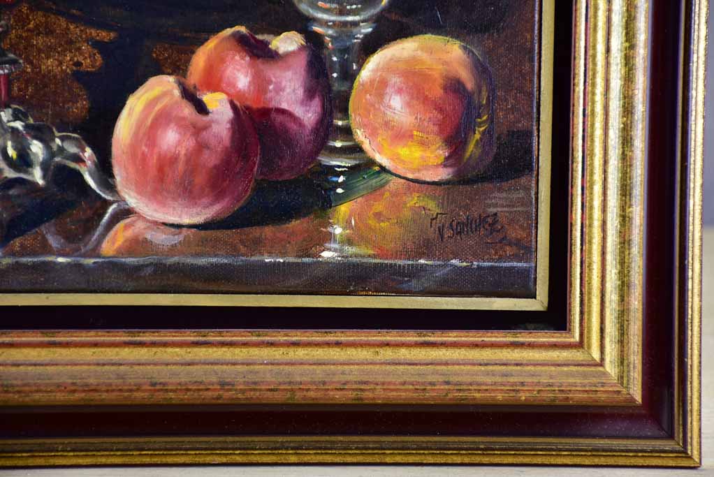 Vintage still life painting of peaches in a bowl, Les pêches 14½ x 18""