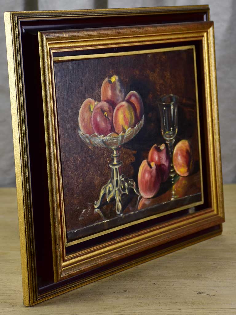 Vintage still life painting of peaches in a bowl, Les pêches 14½ x 18""