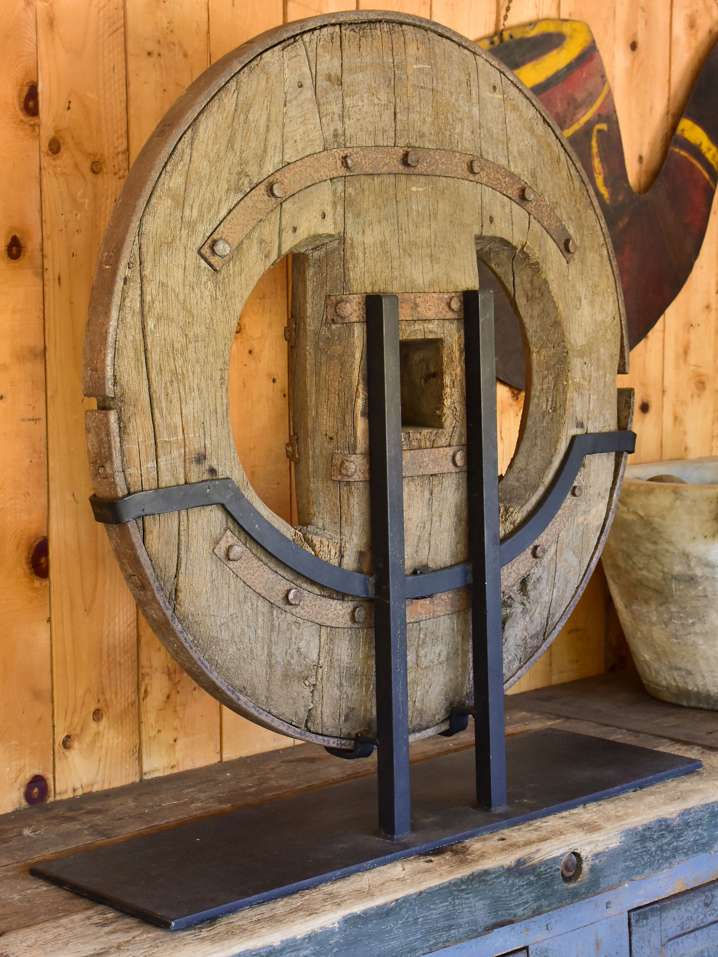 Mounted French wagon wheel from the 17th century