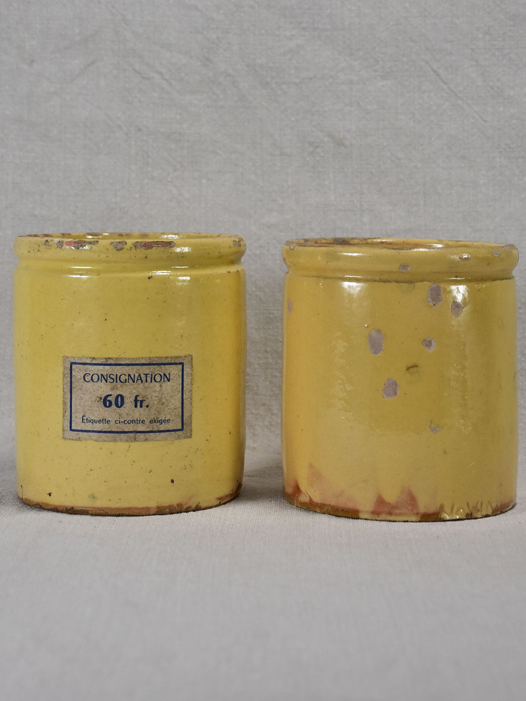 Two antique French yellow ware preserving jars 4¾"