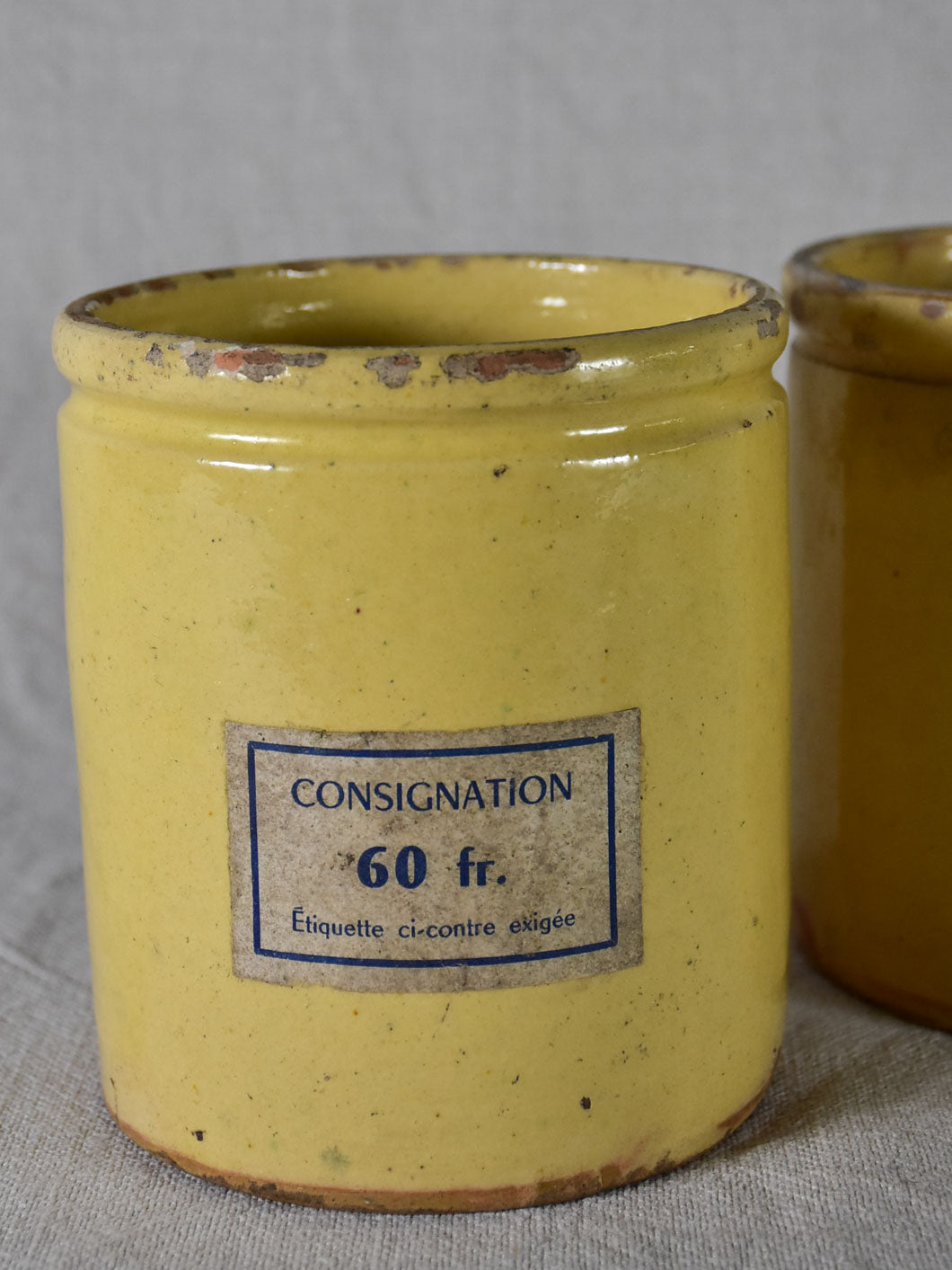 Two antique French yellow ware preserving jars 4¾"