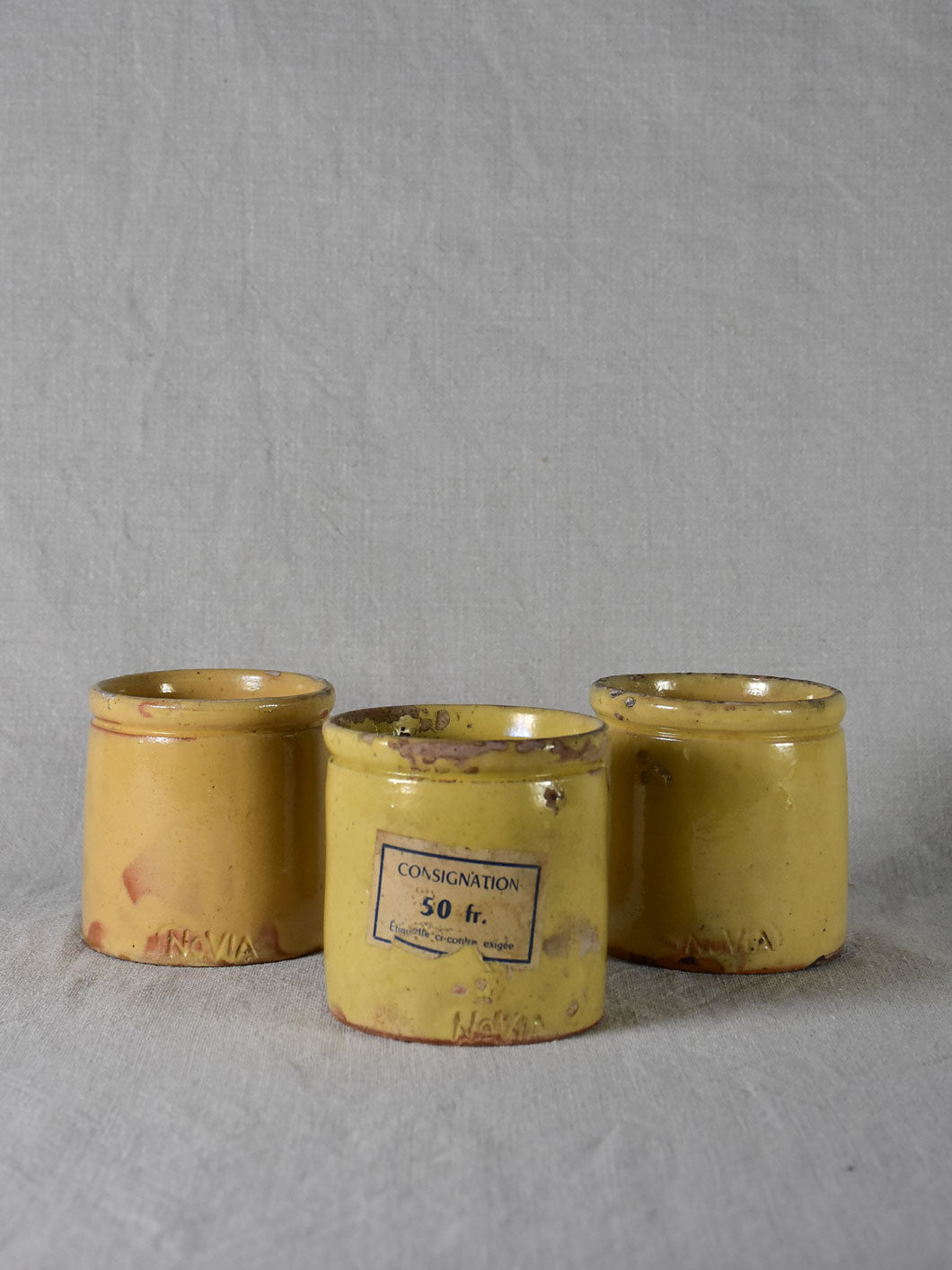 Three antique French yellow ware preserving jars 4"