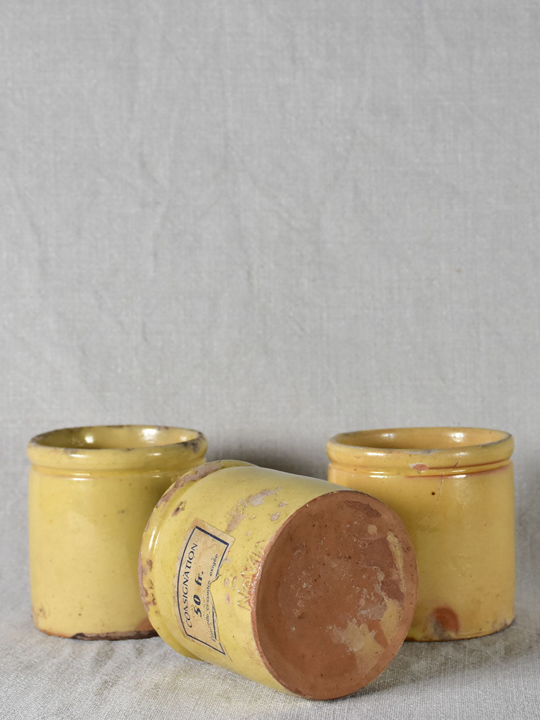 Three antique French yellow ware preserving jars 4"