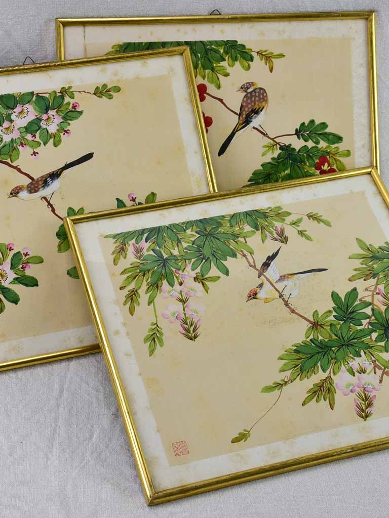 Three late 19th Century Japanese floral paintings on silk 15¼" x 13½"