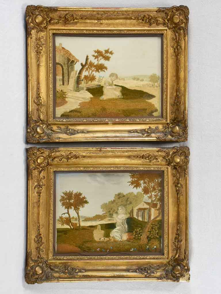 Two embroidered landscape tapestries from the 19th century 15¼" x 18"