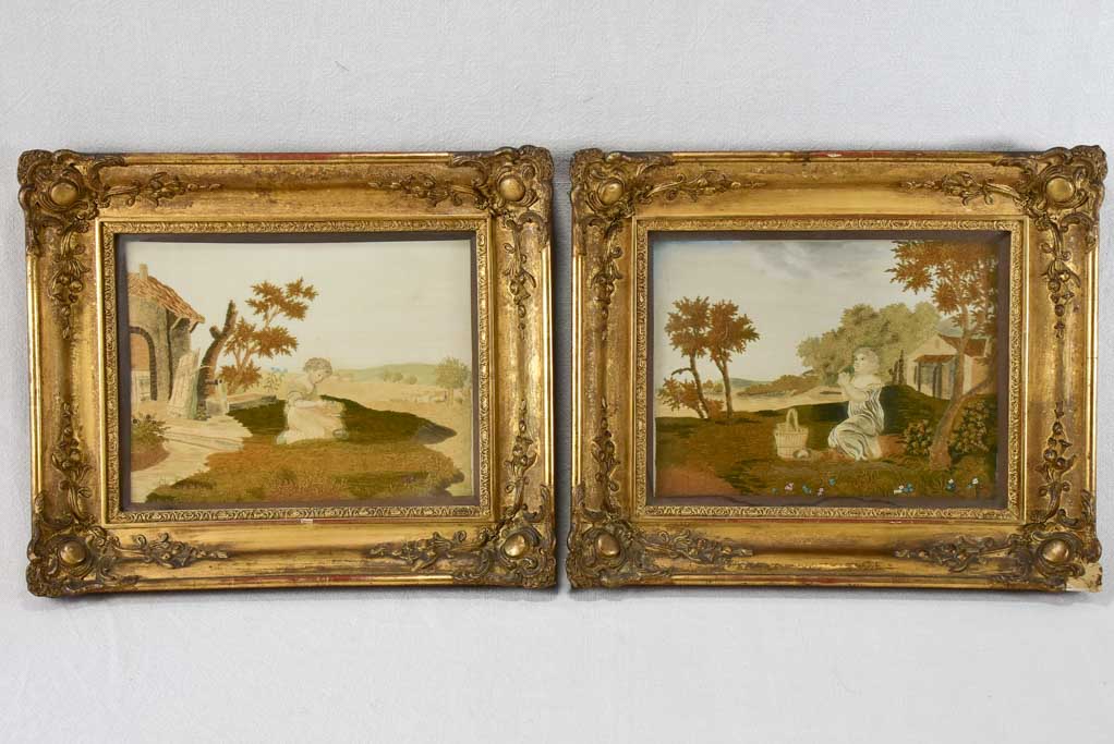 Two embroidered landscape tapestries from the 19th century 15¼" x 18"