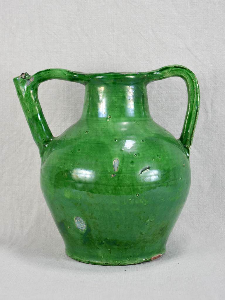 Antique French water cruche with emerald green glaze 12¼"