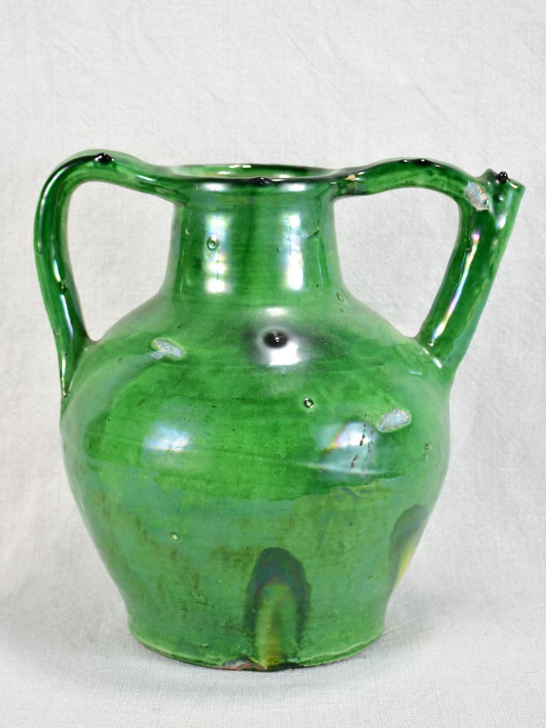 Antique French water cruche with emerald green glaze 12¼"