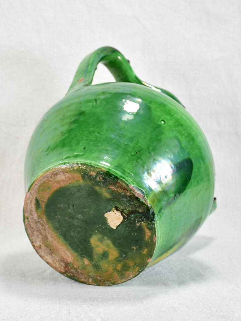 Antique French water cruche with emerald green glaze 12¼"