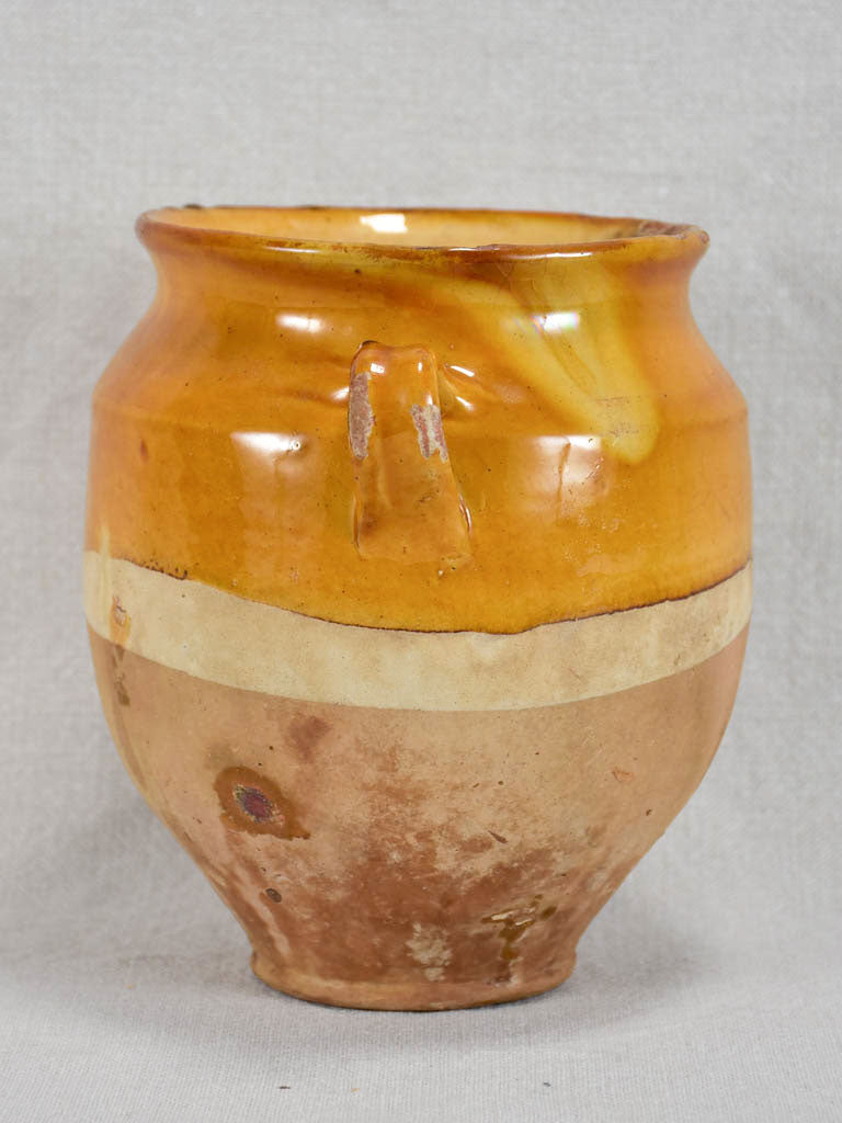 Small antique French confit pot with yellow / orange glaze 7"