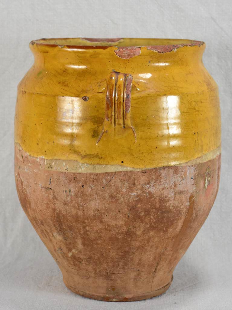 Very large antique French confit pot with yellow glaze 12¼"