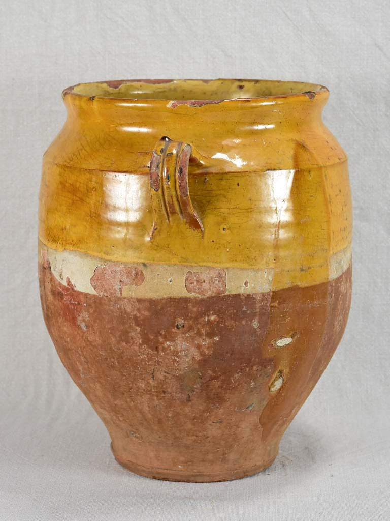 Very large antique French confit pot with yellow glaze 12¼"