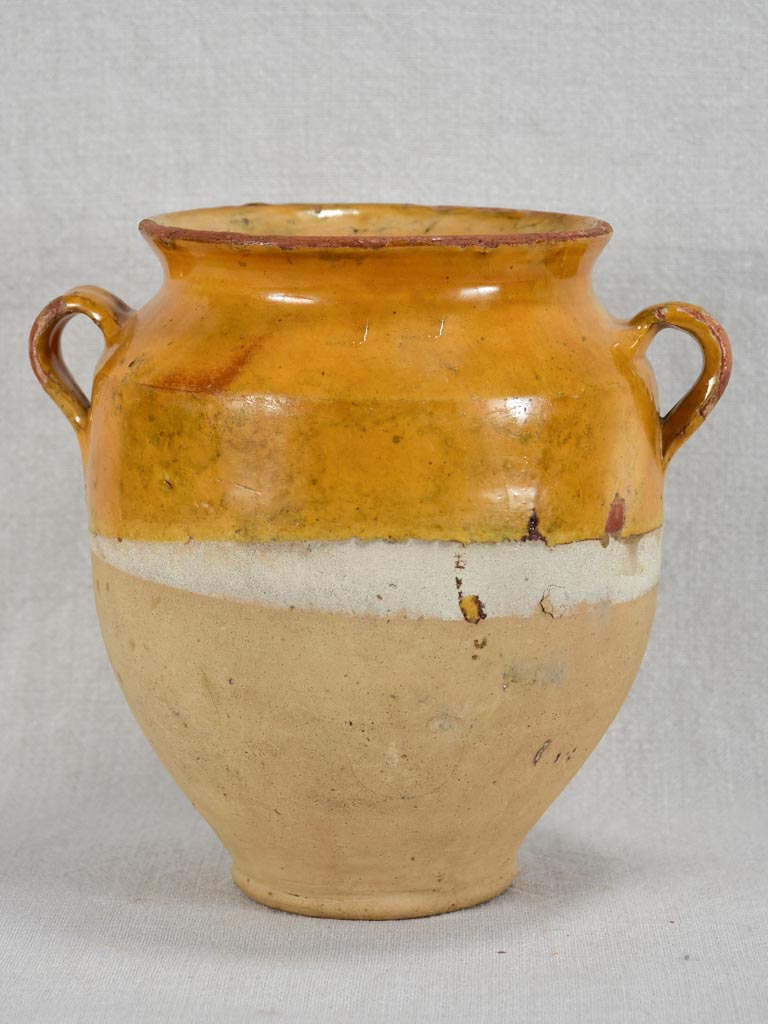 Small antique French confit pot with yellow / orange glaze and two handles 8¼"