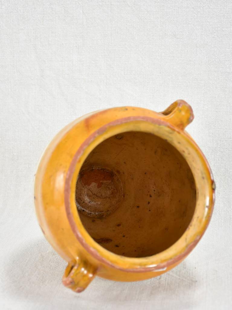 Small antique French confit pot with yellow / orange glaze and two handles 8¼"