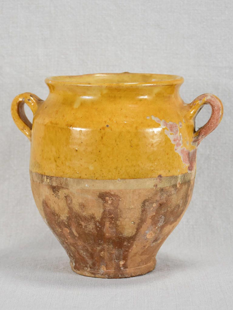 Small antique French confit pot with yellow glaze and green spot 7½"