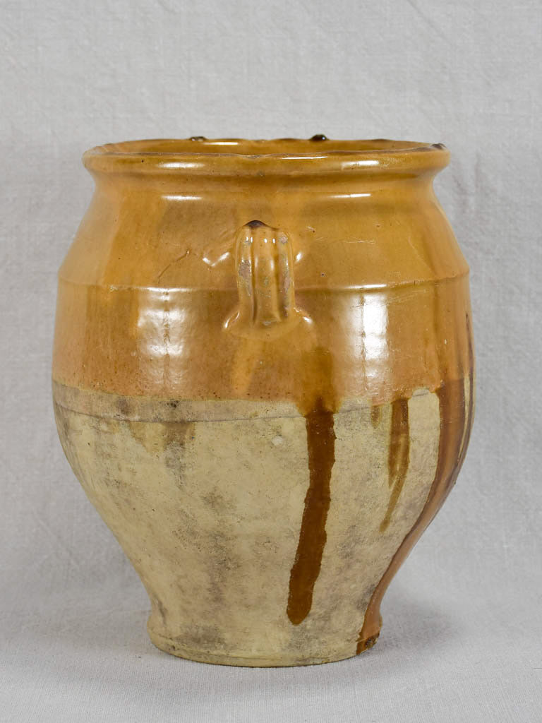 Antique French confit pot with yellow and brown glaze 10¼"