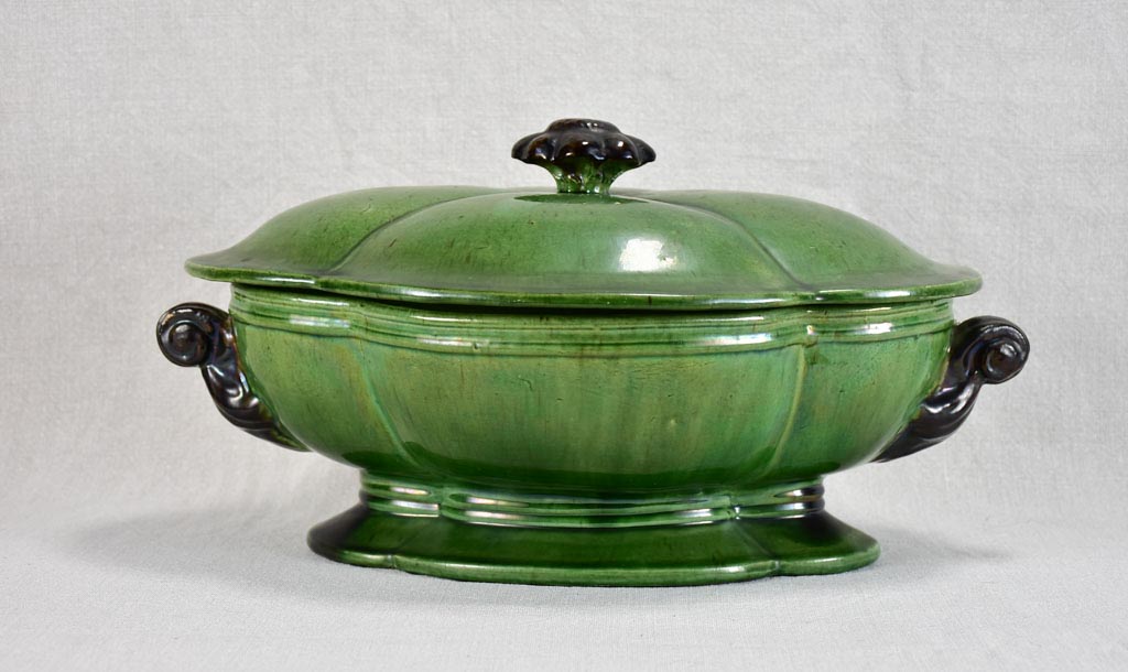 Antique French oval soup tureen from Dieulefit with green glaze 16¼"