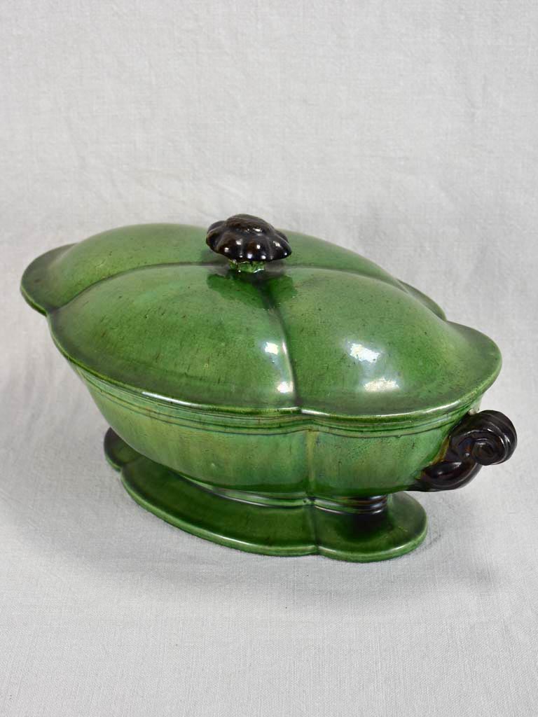 Antique French oval soup tureen from Dieulefit with green glaze 16¼"