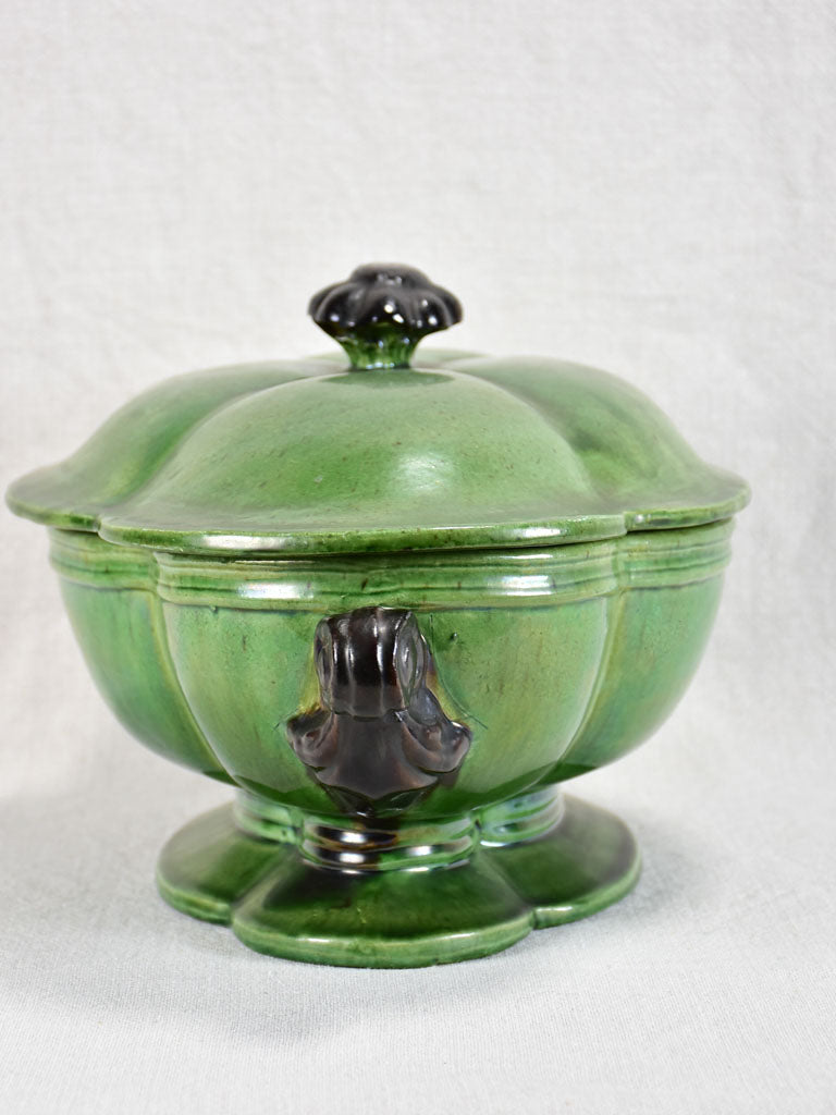 Antique French oval soup tureen from Dieulefit with green glaze 16¼"