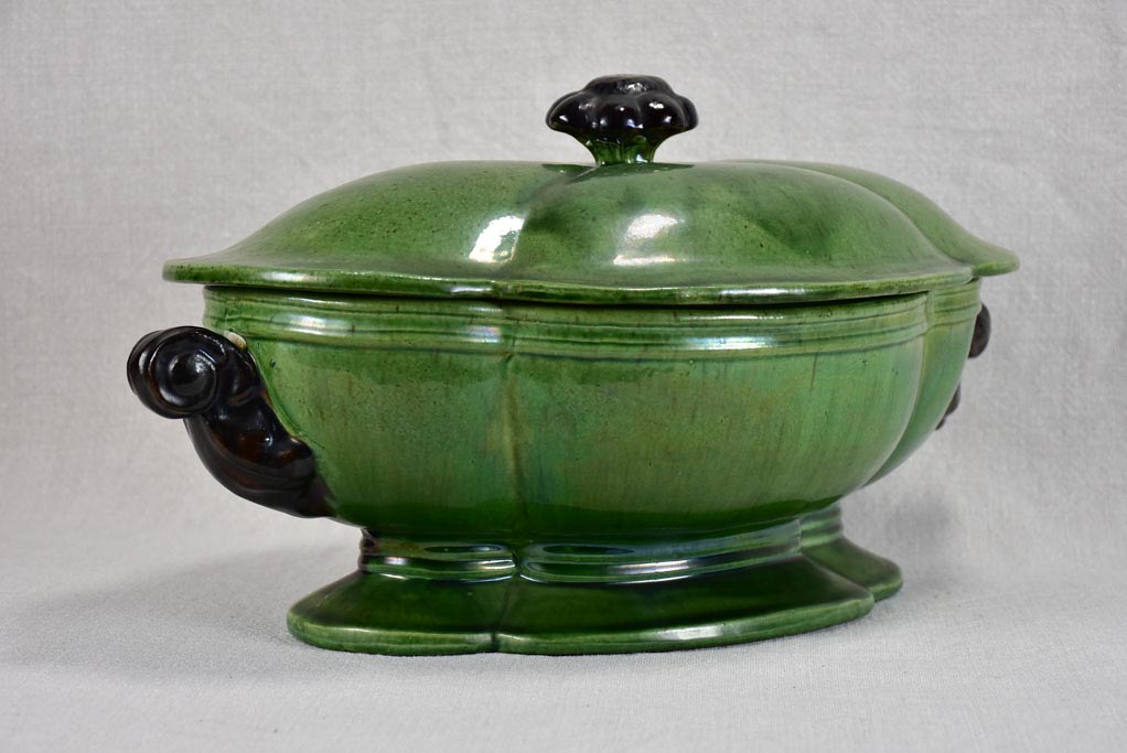 Antique French oval soup tureen from Dieulefit with green glaze 16¼"