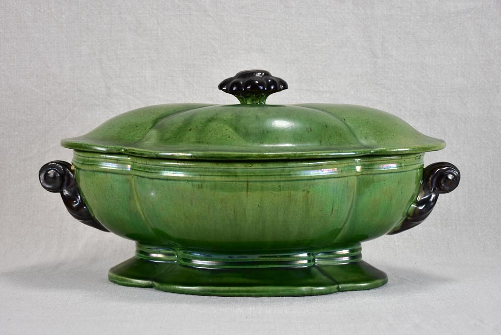 Antique French oval soup tureen from Dieulefit with green glaze 16¼"