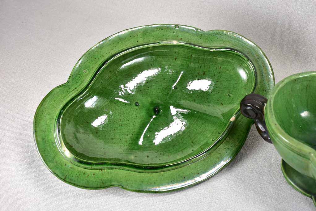 Antique French oval soup tureen from Dieulefit with green glaze 16¼"