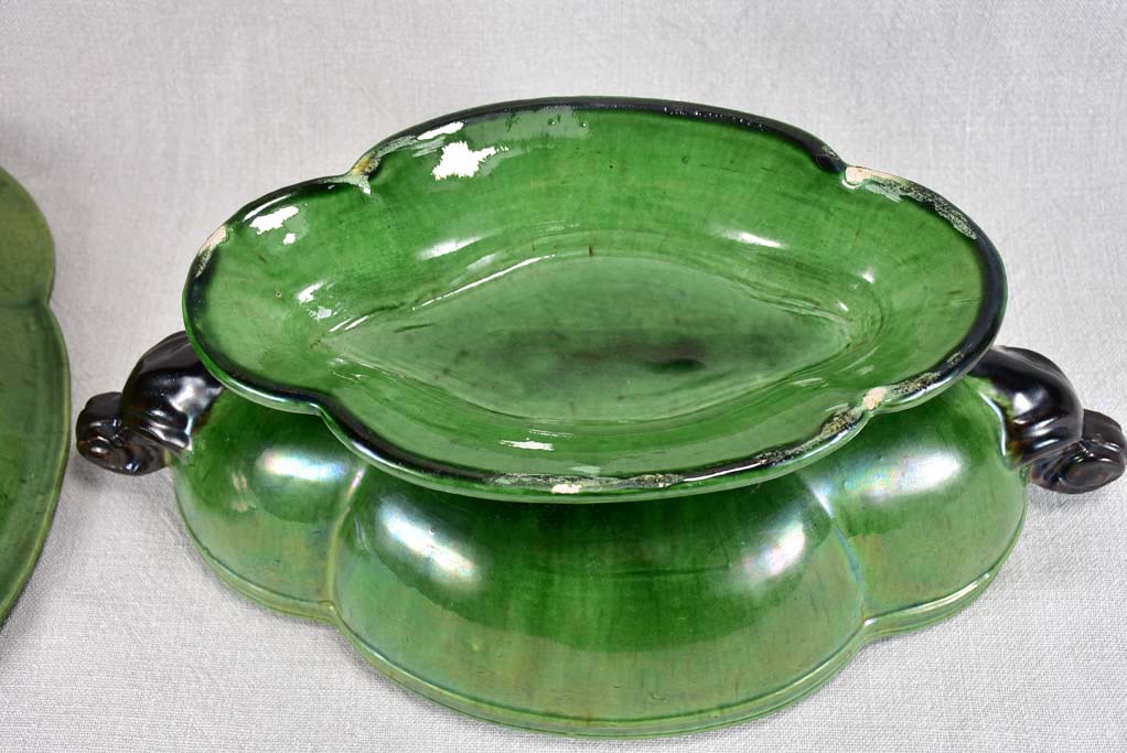 Antique French oval soup tureen from Dieulefit with green glaze 16¼"