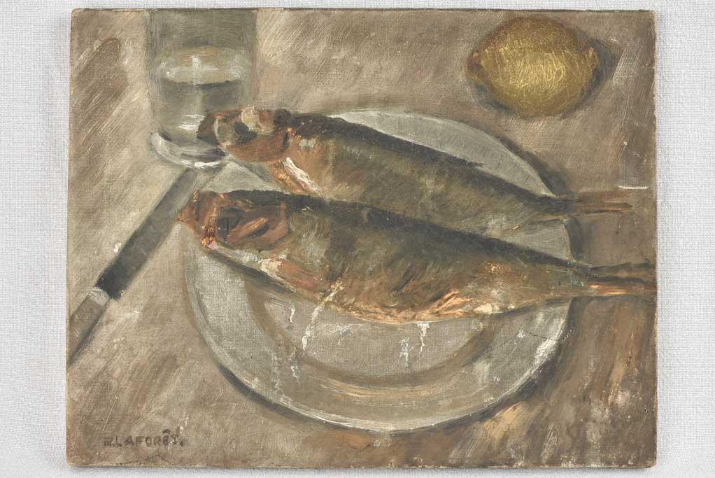 1950s still life painting - fish with lemon 11" x 14¼"