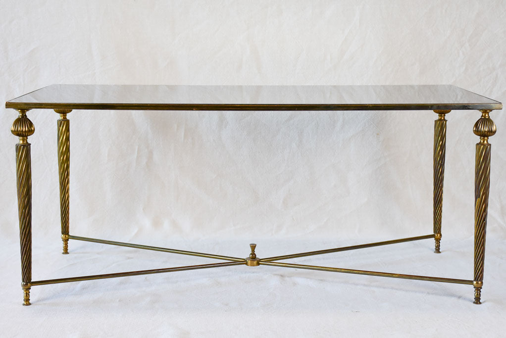 Mid century glass and brass coffee table with twisted tapered legs 39½" x  19¼"