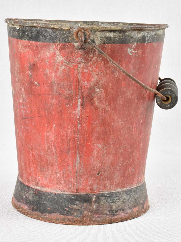 Antique red metal bucket with MF monogram 9"