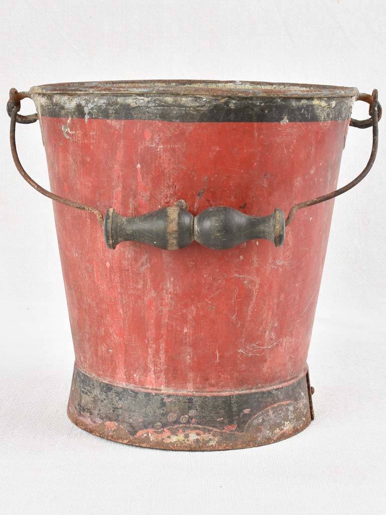 Antique red metal bucket with MF monogram 9"