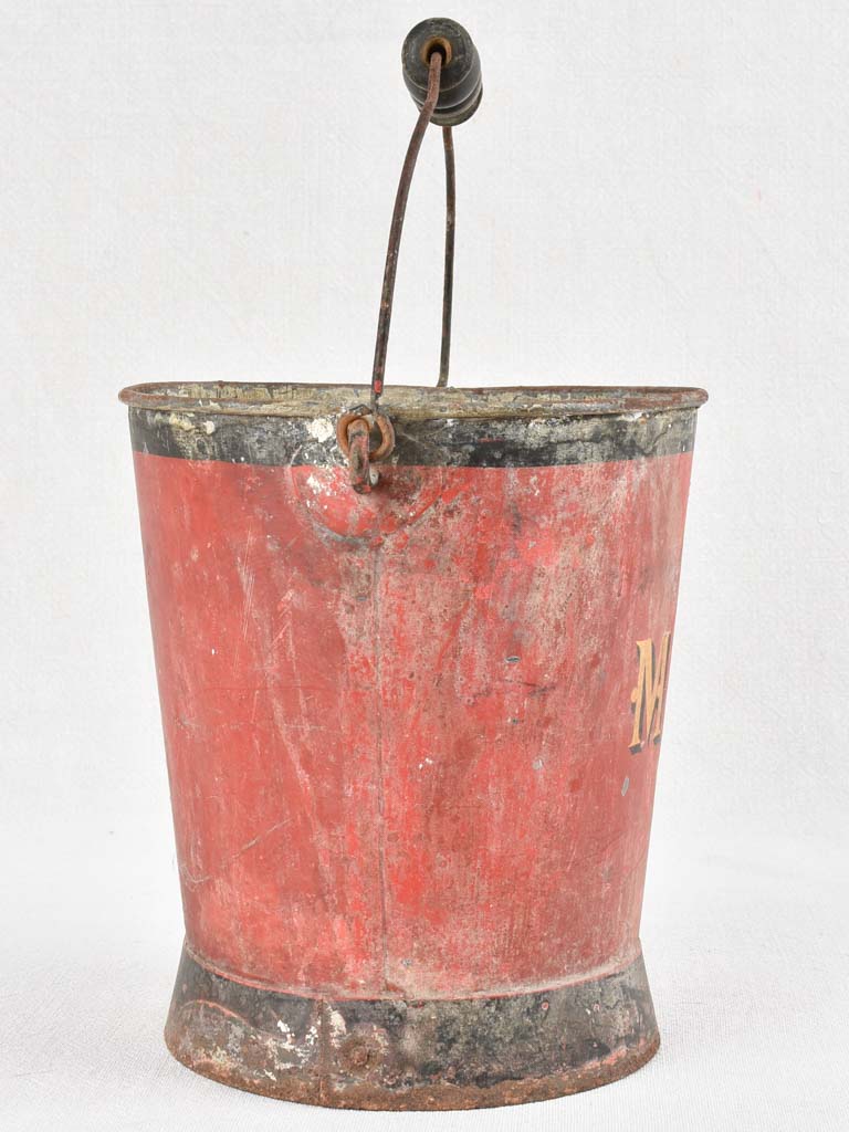 Antique red metal bucket with MF monogram 9"