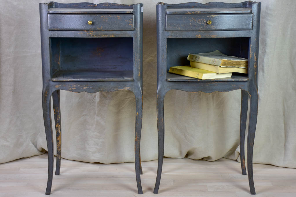 Pair of Louis XV style 1950's French nightstands with teal blue paint finish