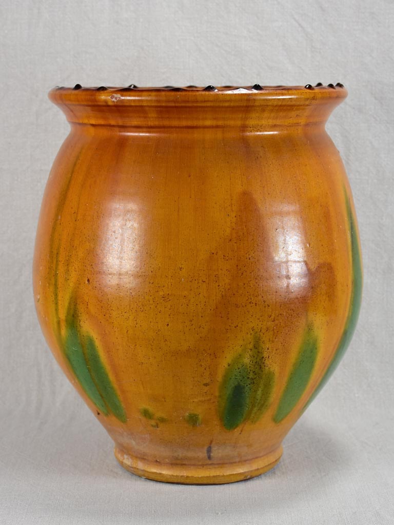 Very large confit pot / cache pot with orange and green glaze 15"